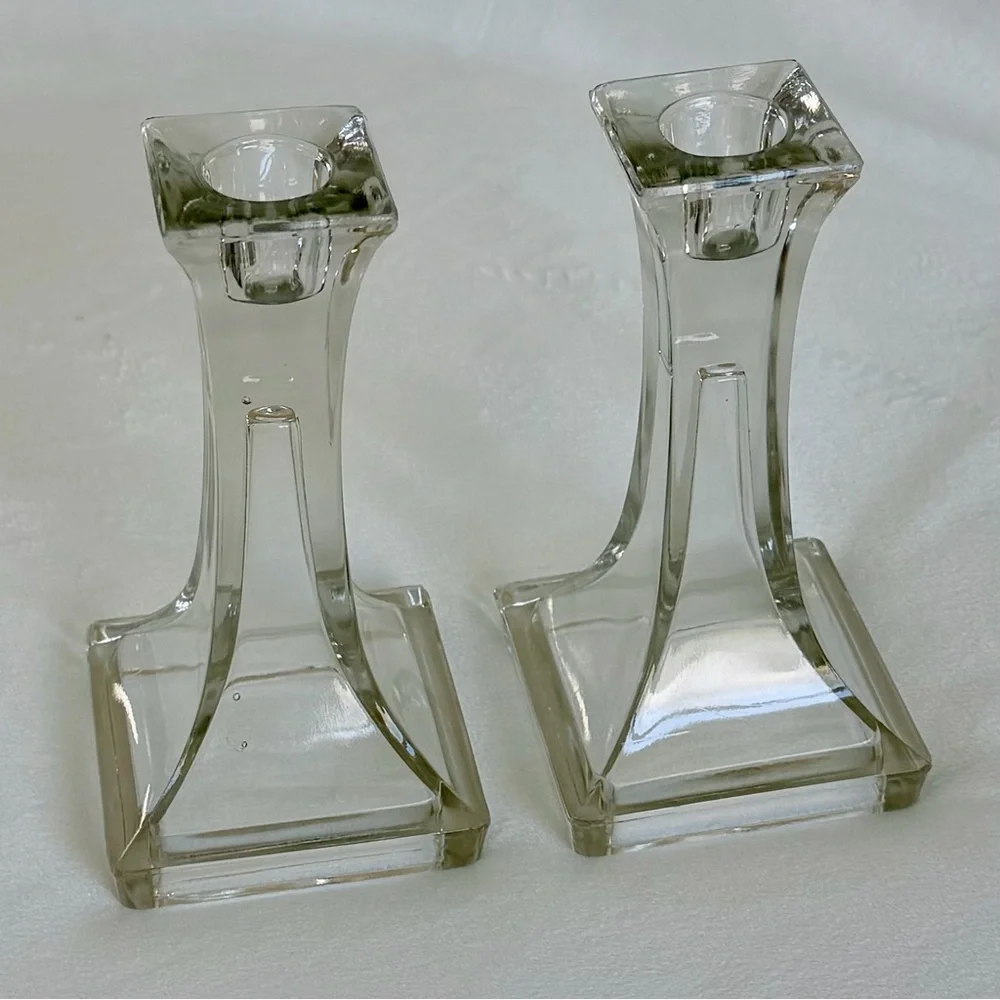 Vintage Clear Glass Candle Holders, Set of 2